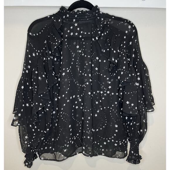 Maje Paris Sheer Star Print Ruffle Blouse Size 0 Black Long Sleeve High Neck - Picture 1 of 9